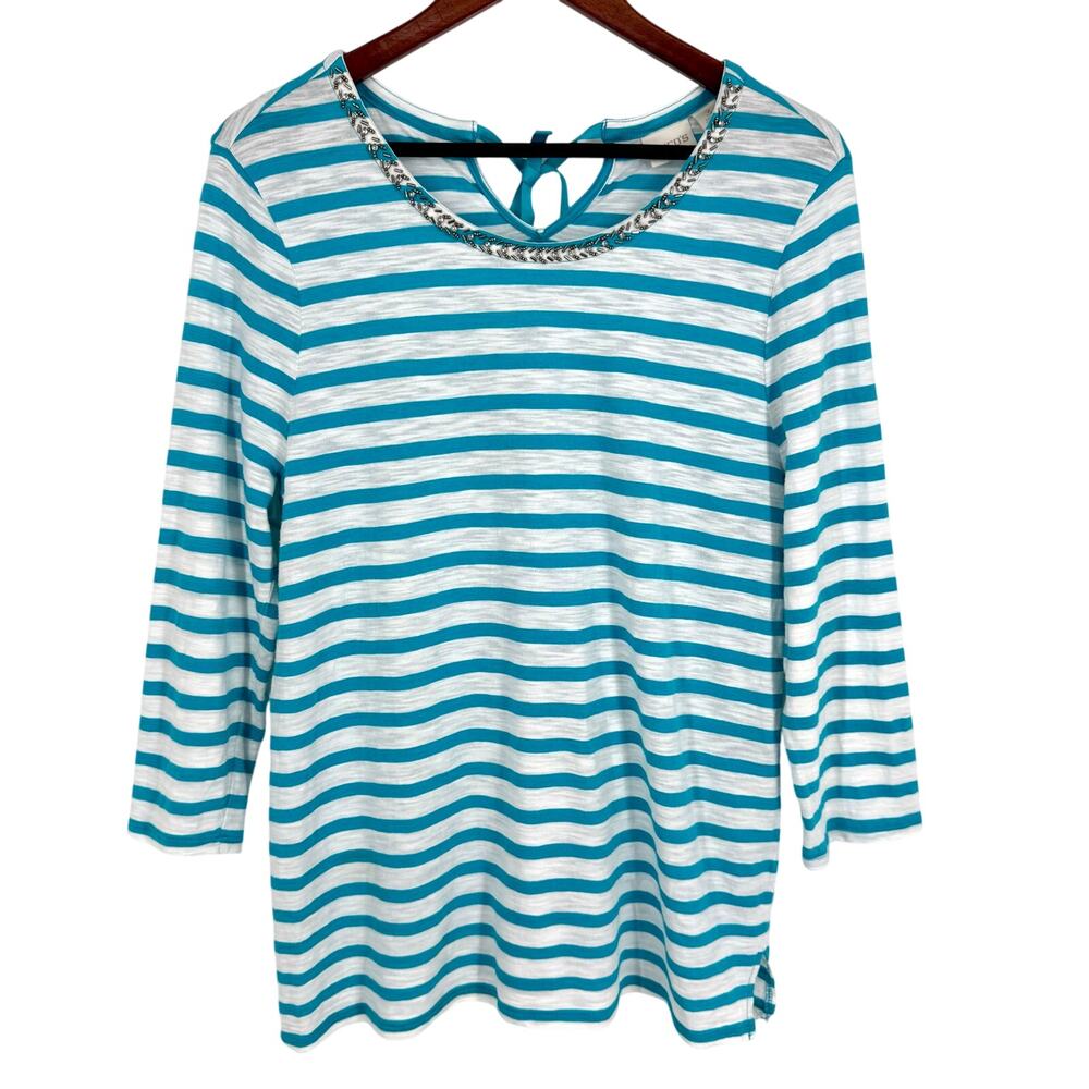 Chicos Sz XL 2 Aqua Blue Beaded Tropical Artsy Beach Blouse Shirt Top Summer